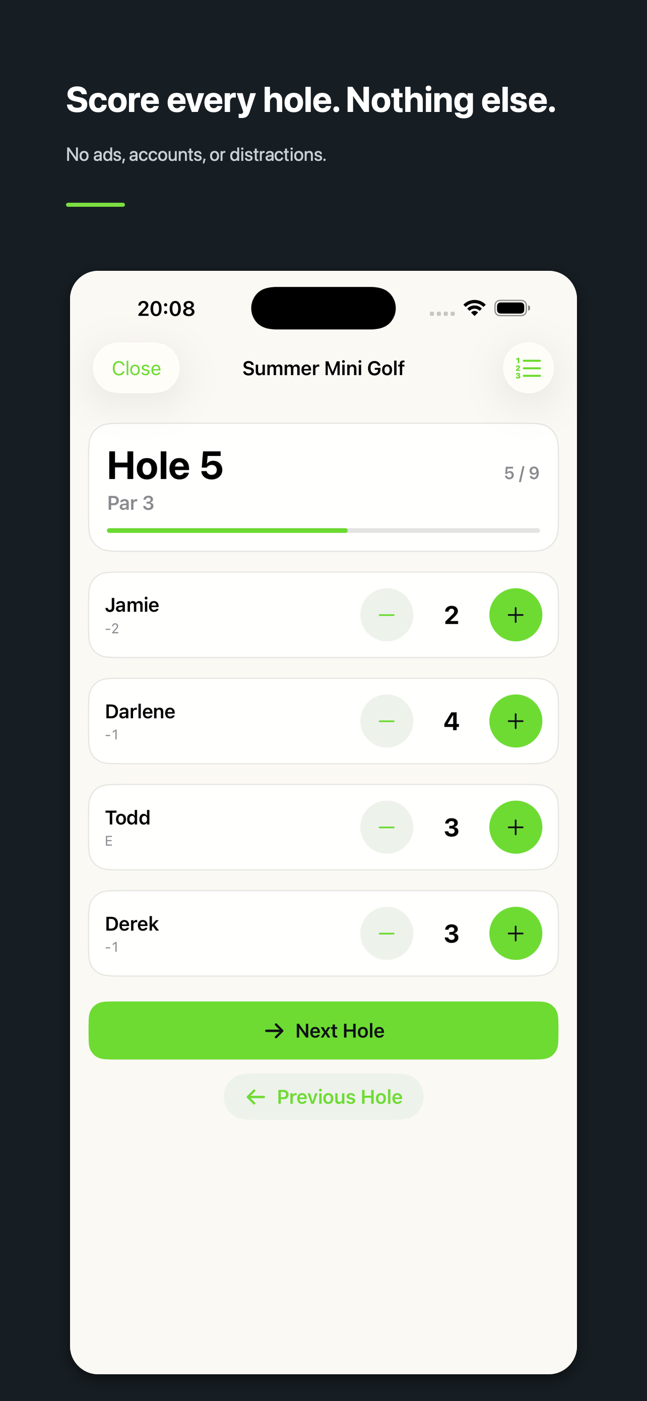 PuttButler scoring screen showing four players entering scores for hole five.