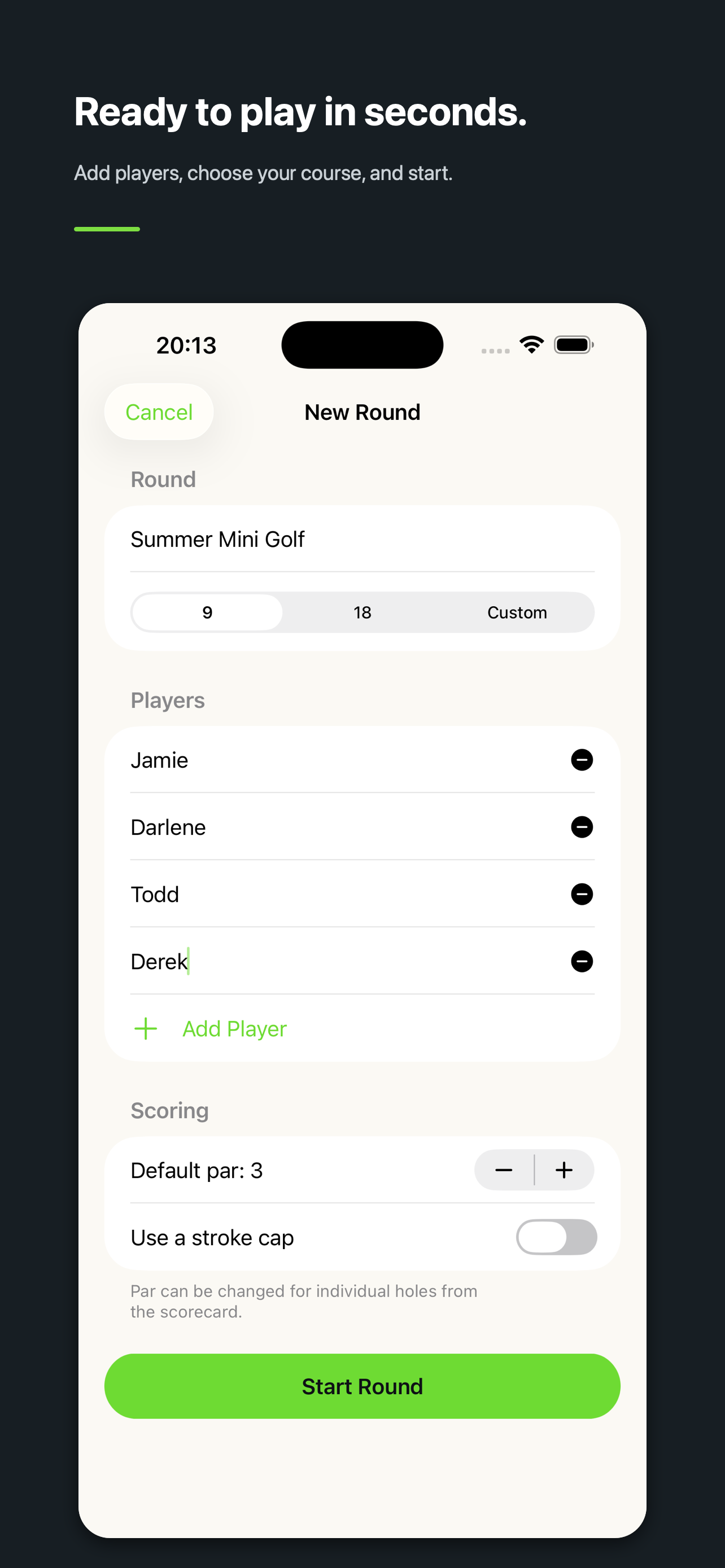 PuttButler new round setup with course name, hole count, players, par, and stroke cap controls.