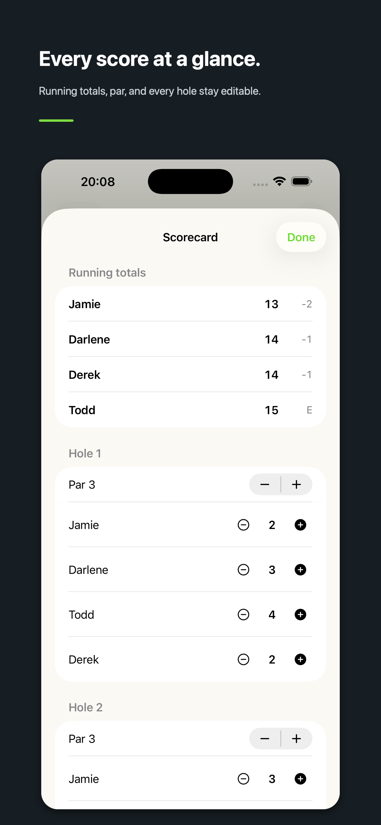 PuttButler scorecard showing running totals and editable scores for each hole.