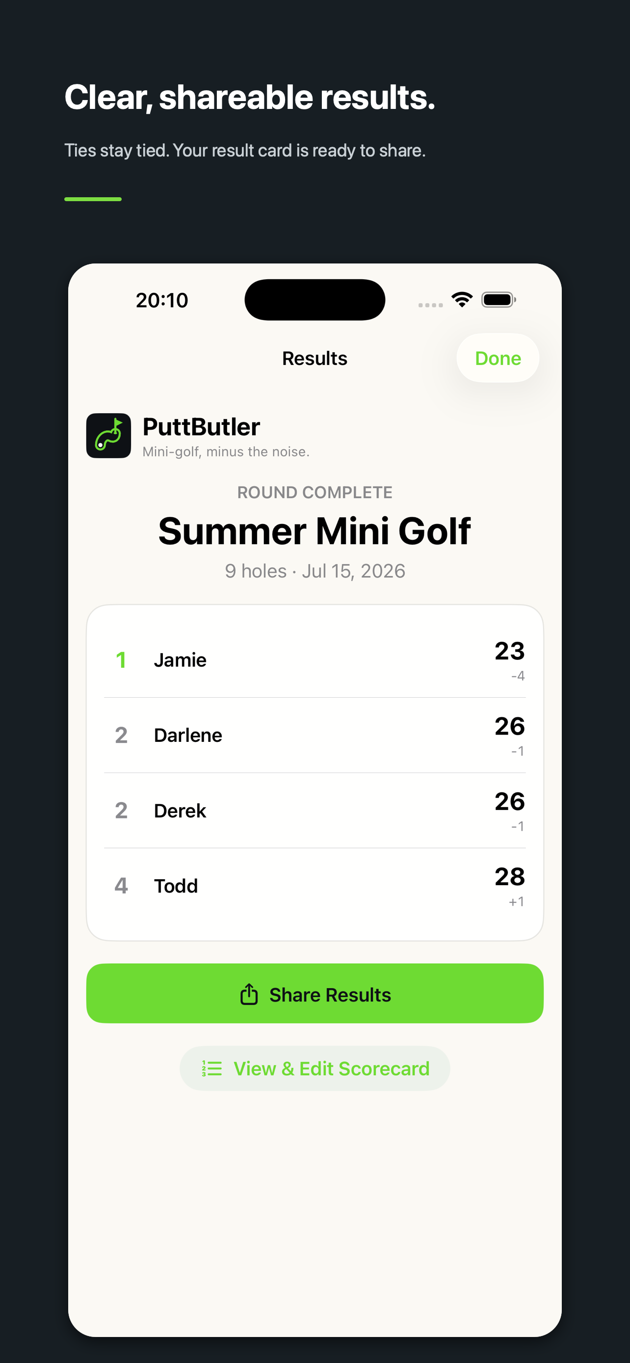 PuttButler completed round results with player rankings and a Share Results button.